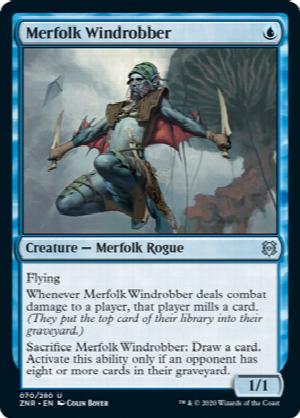 Merfolk Windrobber
 Flying
Whenever Merfolk Windrobber deals combat damage to a player, that player mills a card. (They put the top card of their library into their graveyard.)
Sacrifice Merfolk Windrobber: Draw a card. Activate only if an opponent has eight or more cards in their graveyard.